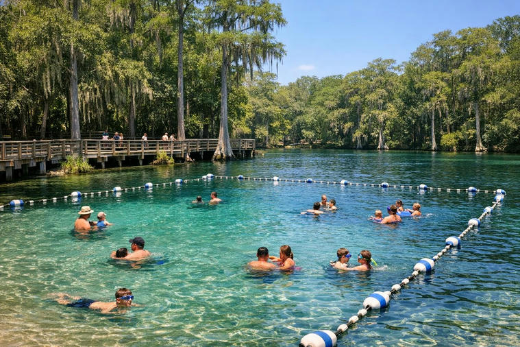 Families swimming in a clear Florida spring with boardwalk and marked swim area in summer.
