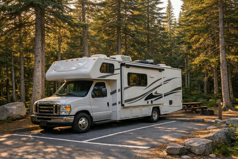 Motorhome parked among evergreen trees at Blackwoods Campground in Acadia National Park.