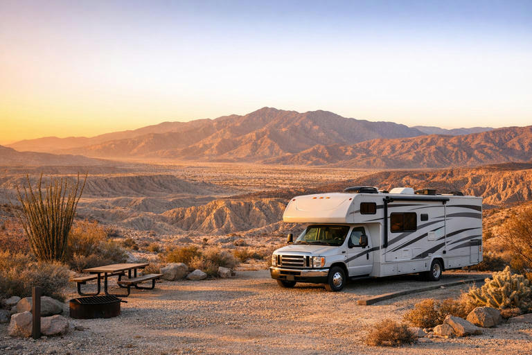 Class C motorhome at sunrise in Anza-Borrego Desert State Park badlands.