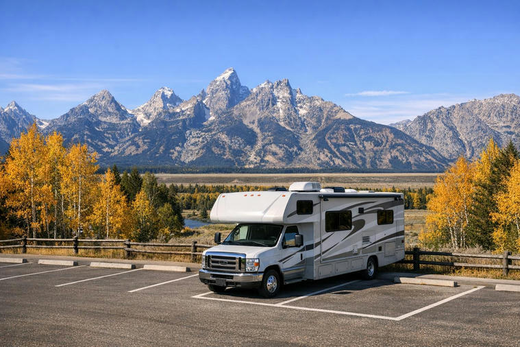 Motorhome parked at scenic pullout with Teton Range and fall foliage.