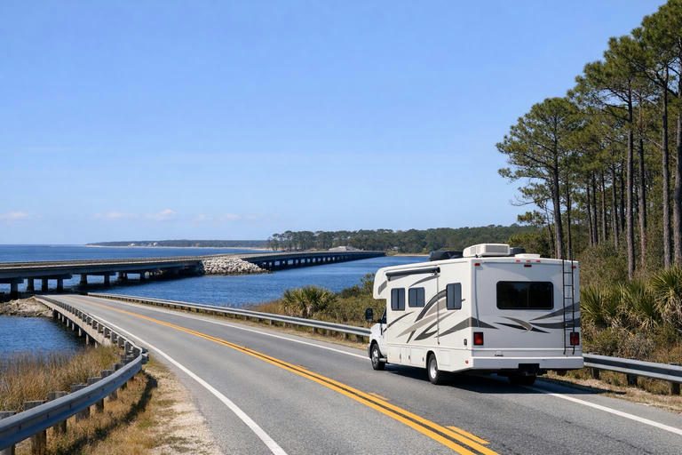 Motorhome driving along a Gulf Coast highway with water views in Florida.