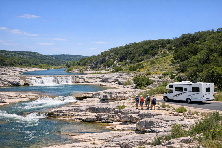 Pedernales River flowing over limestone slabs in spring at state park.