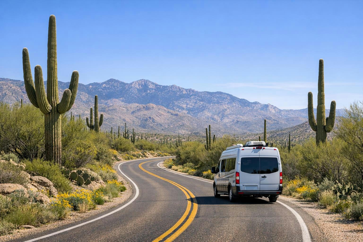 Campervan driving on Cactus Forest Drive among tall saguaros in spring.