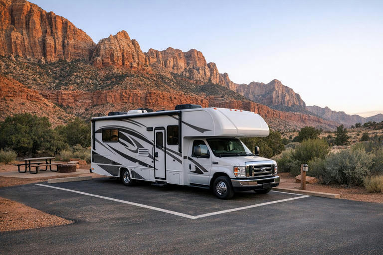 Motorhome parked at a developed campground in a red rock Utah national park.
