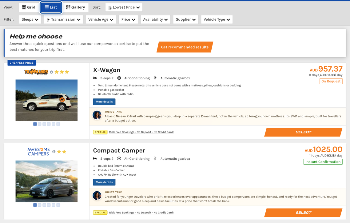 Campervan results in List view, with the List button highlighted.