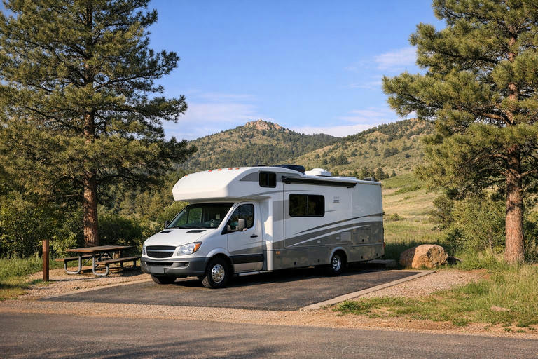 Compact motorhome parked within a Colorado foothills campsite