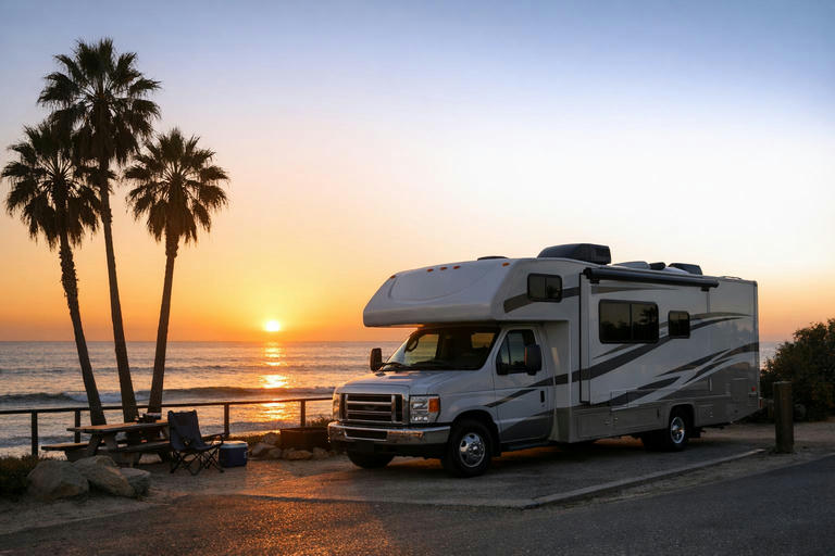 Motorhome parked at a Southern California beach campground at sunset in winter.