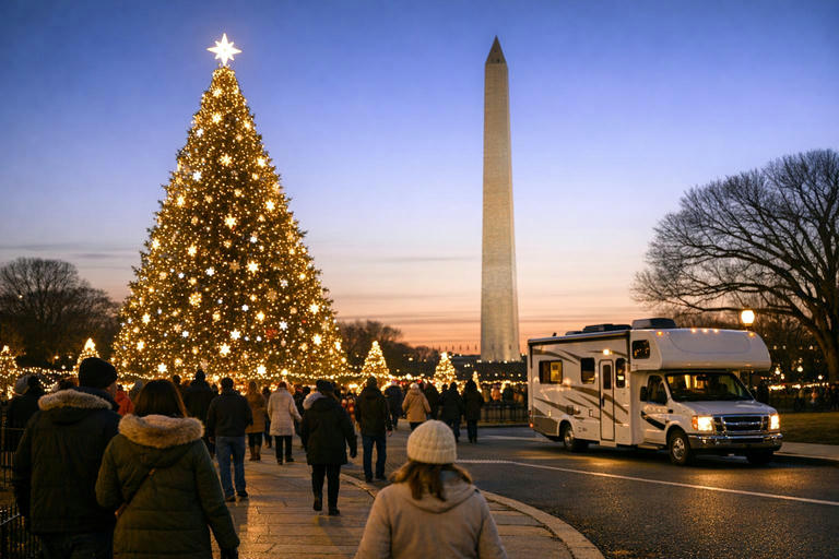 Visitors near the National Christmas Tree on a winter evening in Washington, DC