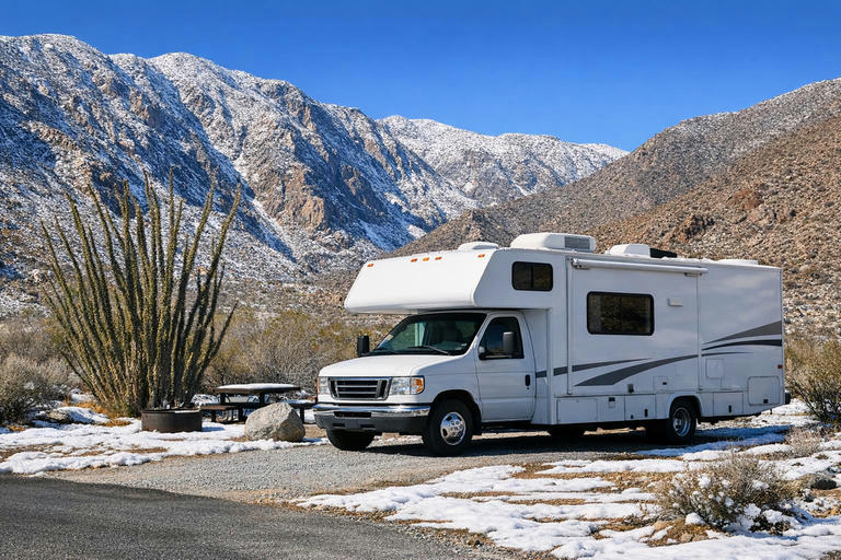 Motorhome camping at Borrego Palm Canyon Campground in Anza-Borrego during winter.