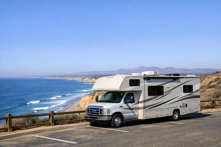 Class C motorhome overlooking the Pacific coast near San Diego with desert mountains in the distance.