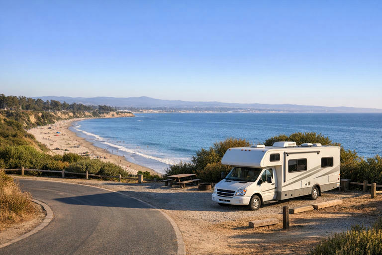 Motorhome at coastal campground overlooking Monterey Bay in summer