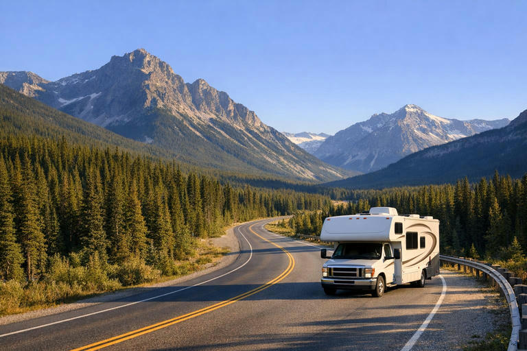 Motorhome driving along a scenic mountain road in a U.S. national park.