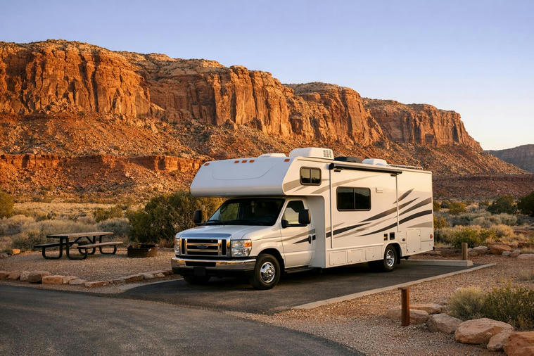 Class C motorhome parked at a marked campsite in a red rock national park during spring.