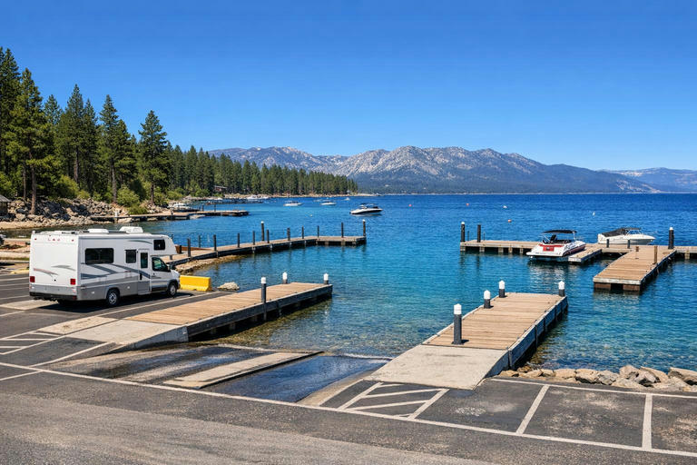 Developed boat ramp and marina on Lake Tahoe with clear blue water and mountain backdrop.