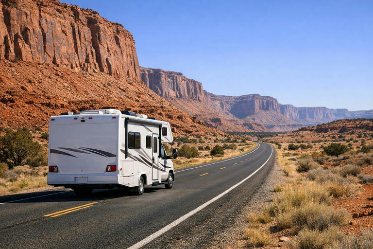 Motorhome driving on southern Utah highway between Zion and Bryce.