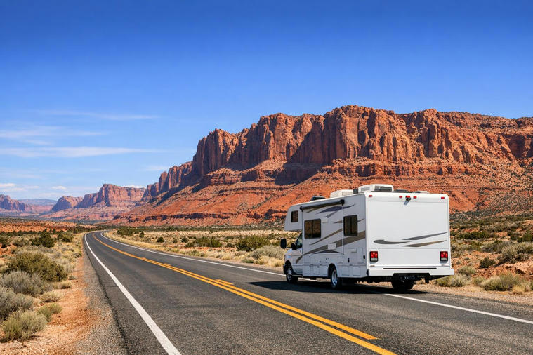 Motorhome driving on a desert highway with red rock cliffs in southern Utah.