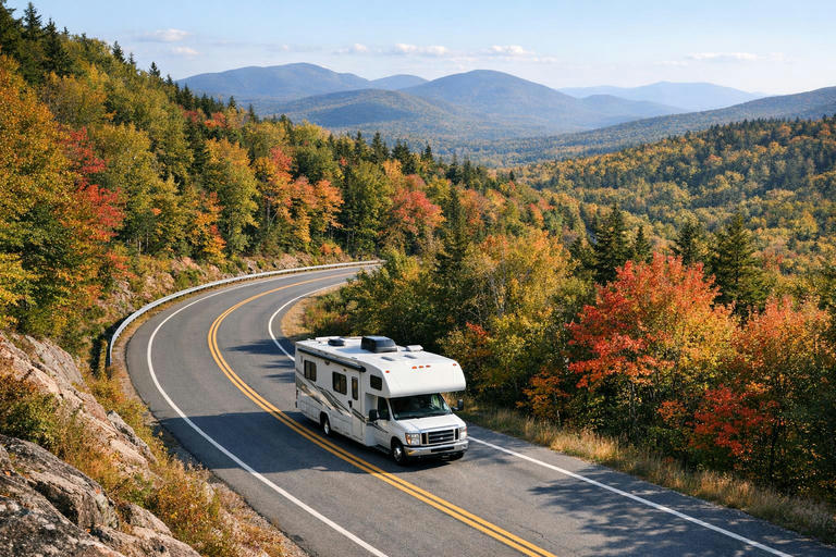 Motorhome traveling through New England mountain forest