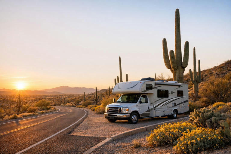 Motorhome at sunset among saguaro cacti and spring wildflowers near Tucson.