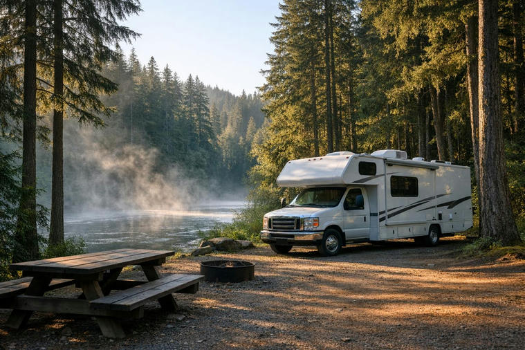 Motorhome parked at a forested Pacific Northwest riverside campground in soft morning light.