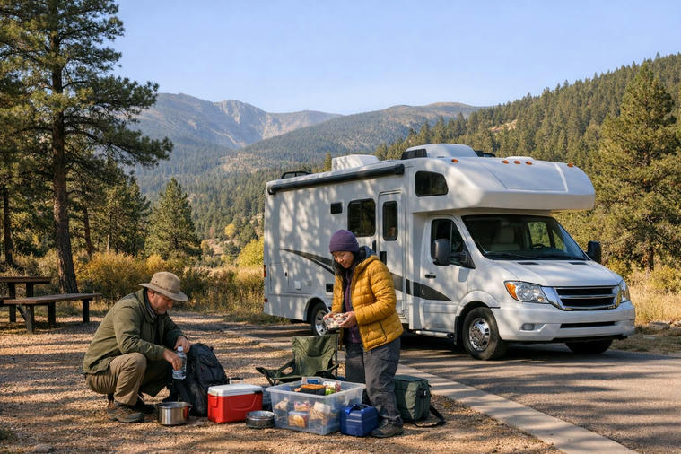 Travelers checking supplies beside a motorhome at a Colorado campground
