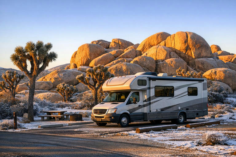 Motorhome at a campground in Joshua Tree National Park at sunrise in winter.
