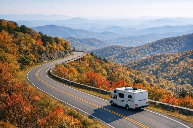 Blue Ridge Parkway winding along a mountain ridgeline with a motorhome traveling through peak fall foliage.