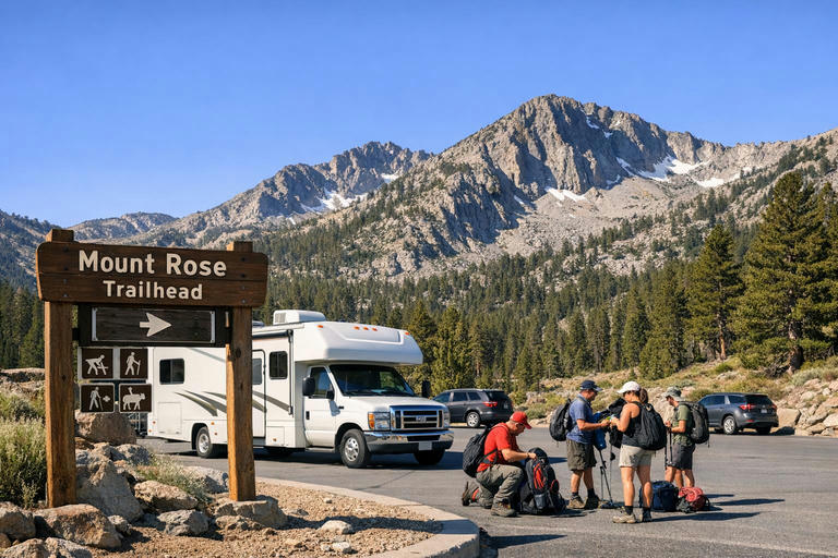 Mount Rose Trailhead sign and parking area near Lake Tahoe on a clear summer day.