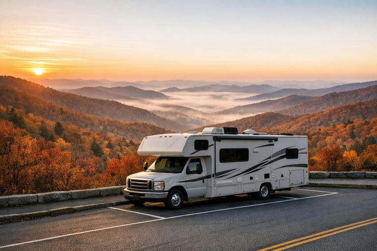 Motorhome parked at a Blue Ridge Parkway overlook with layered Appalachian Mountains in peak fall color at sunrise.