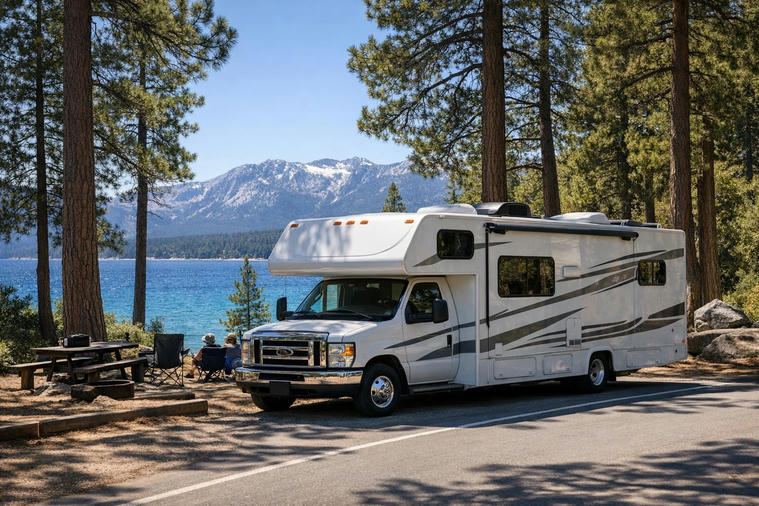 Motorhome parked at a forested Lake Tahoe campground with blue water and granite mountains beyond.