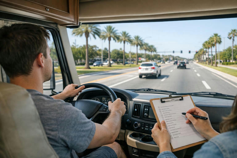First-time renters driving a motorhome on a Florida road.