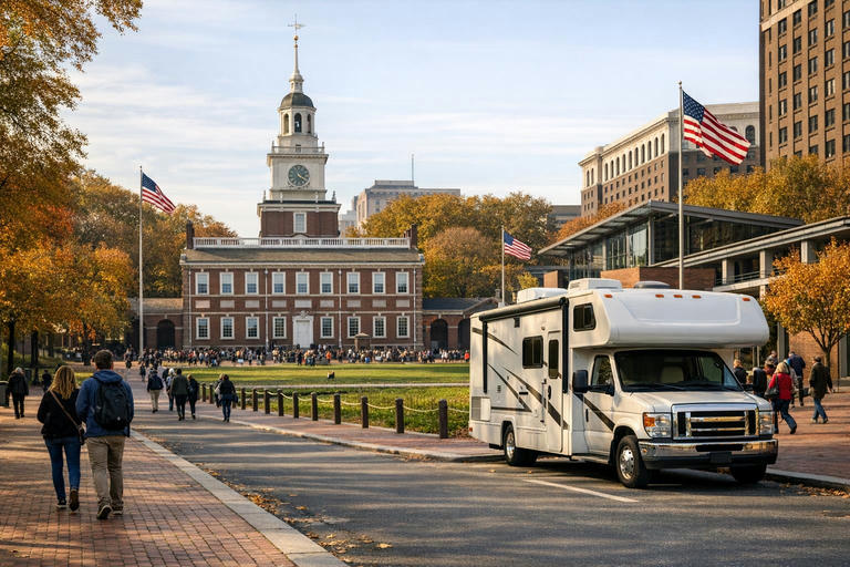 Visitors walking near Independence Hall and the Liberty Bell Center in Philadelphia