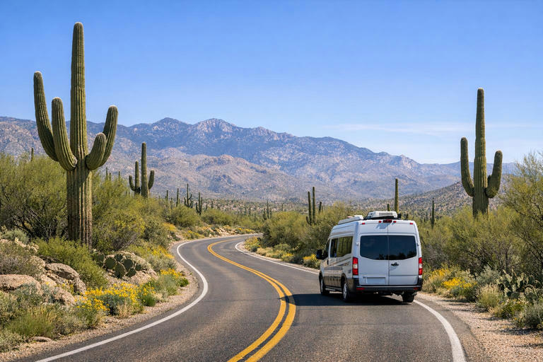 Campervan driving on Cactus Forest Drive among tall saguaros in spring.