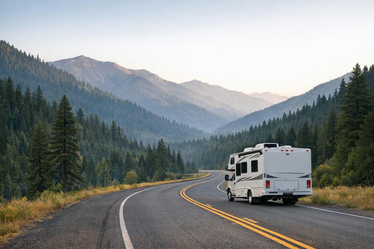 Compact motorhome traveling along a forested mountain byway