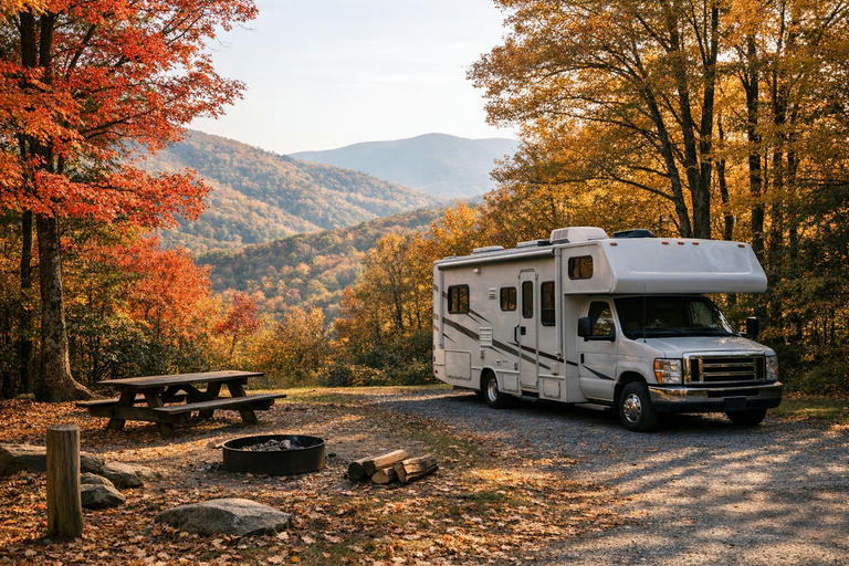 Motorhome at a forested Blue Ridge Parkway campground surrounded by red and gold fall foliage.