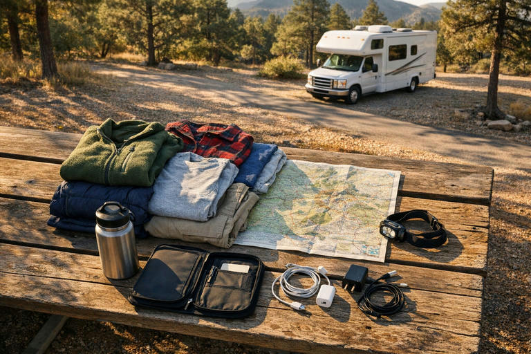 Clothing, documents and practical RV supplies arranged on a picnic table
