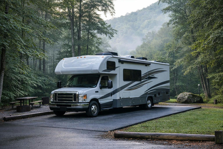 Motorhome at a wooded Smoky Mountains campground in early morning light