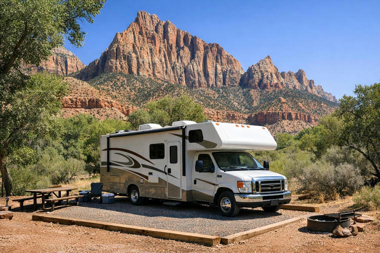 Motorhome at Watchman Campground with Zion cliffs in summer.