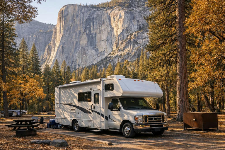 Class C motorhome parked at Upper Pines Campground in Yosemite Valley with granite cliffs behind