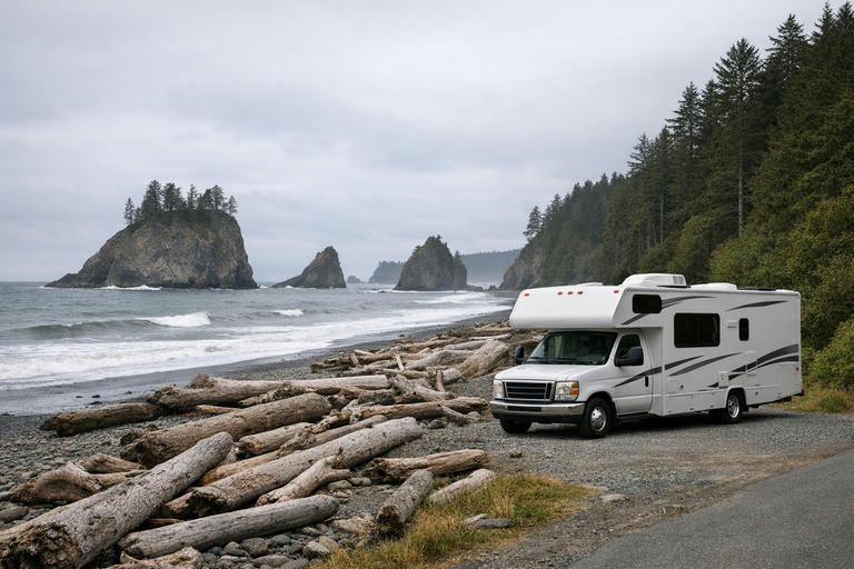 Rugged Pacific coastline with sea stacks and driftwood in Olympic National Park.