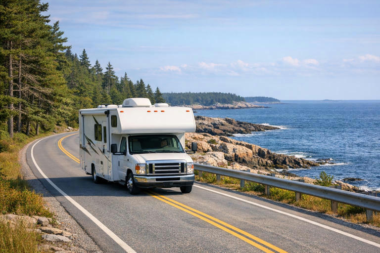 Motorhome driving along coastal Maine highway with rocky shoreline and ocean views.