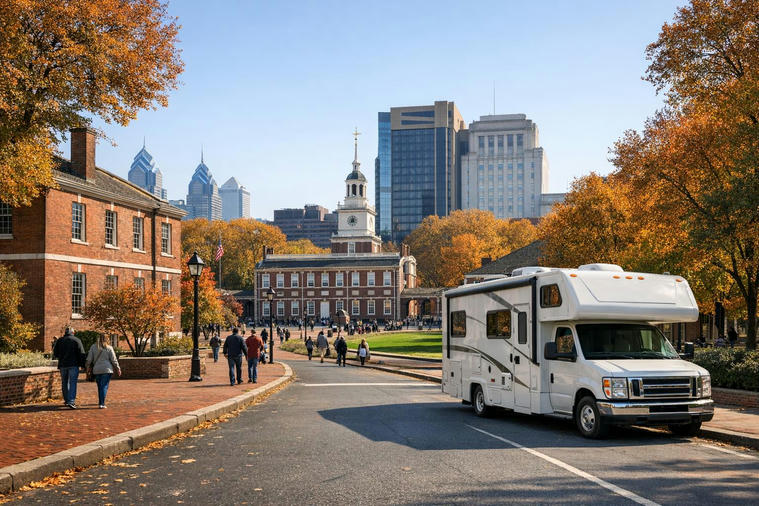 Independence National Historical Park in Philadelphia with historic brick buildings and autumn trees