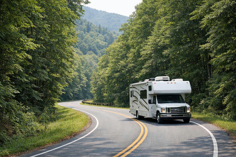 Motorhome driving on a forested Smoky Mountains road