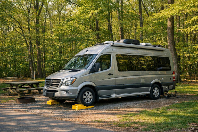Campervan parked at a wooded campground near Washington DC in spring