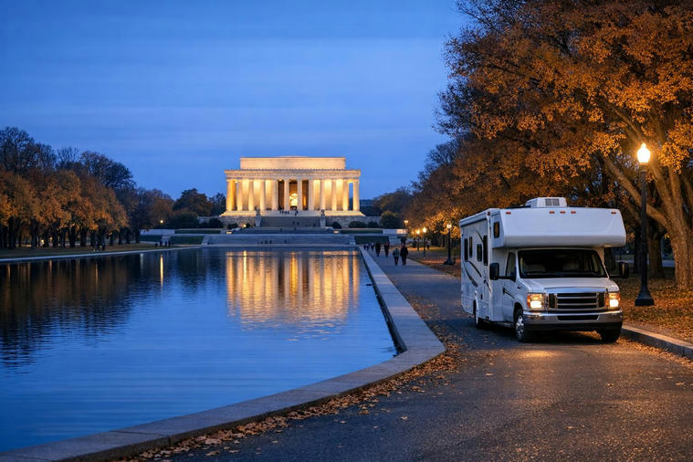 Lincoln Memorial reflected in the pool at blue hour.