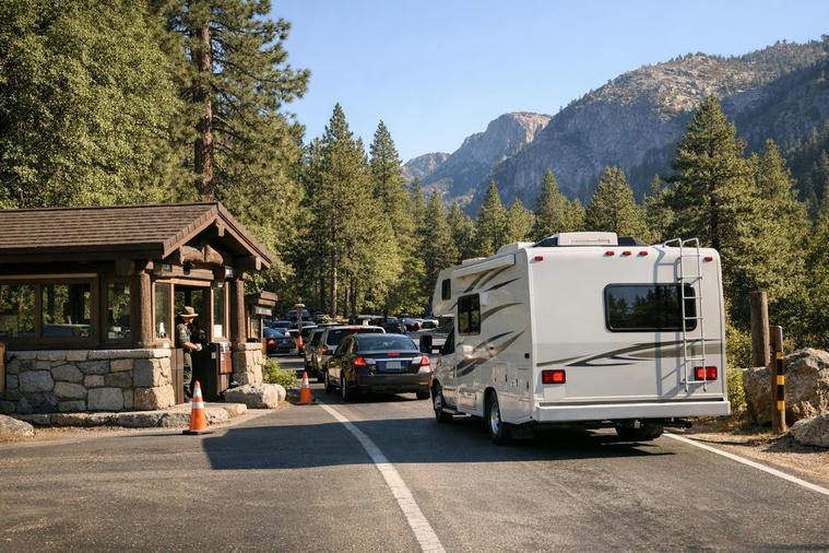 Motorhome waiting at a national park entrance station on a summer morning.